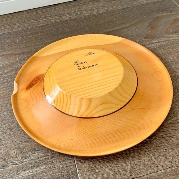 Vintage pine walnut wood mid century plate d 12 inch - Picture 10 of 12